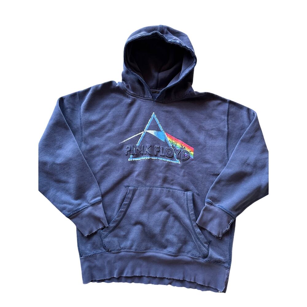 Y2K Pink Floyd Distressed Faded Navy Blue Felt Embroidered Lettering M Hoodie